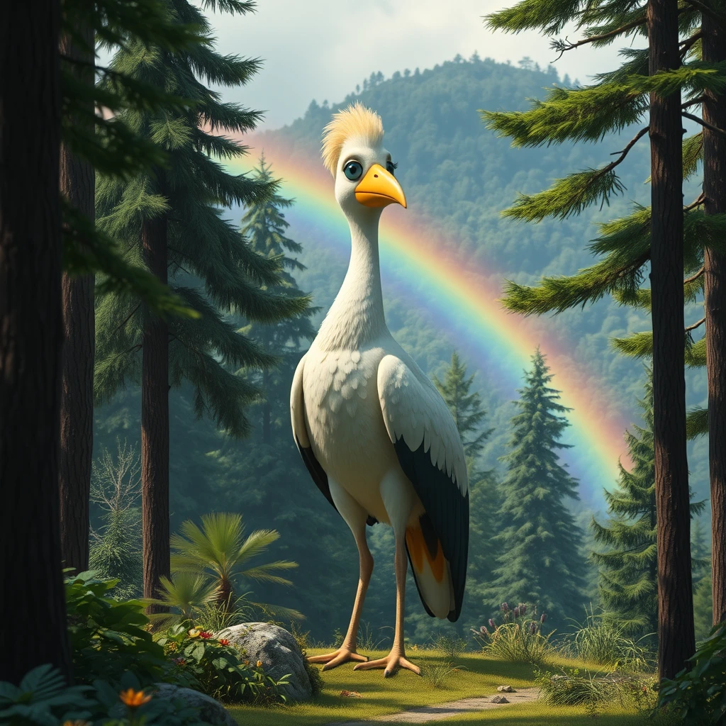 A giant cute bird standing tall among trees in a beautiful lush forest, with a rainbow in the background. - Image