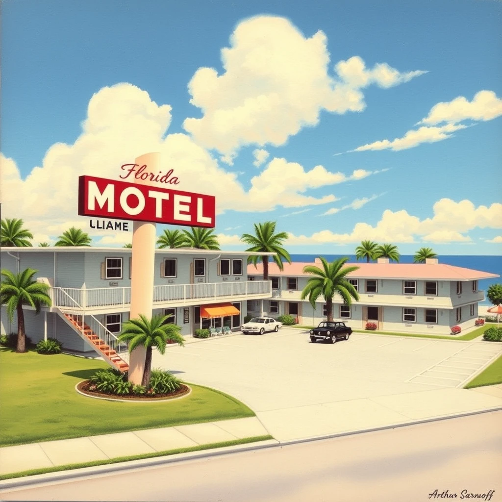 A Miami Florida Motel postcard from 1956, as painted by Arthur Sarnoff, wide, landscape view. - Image