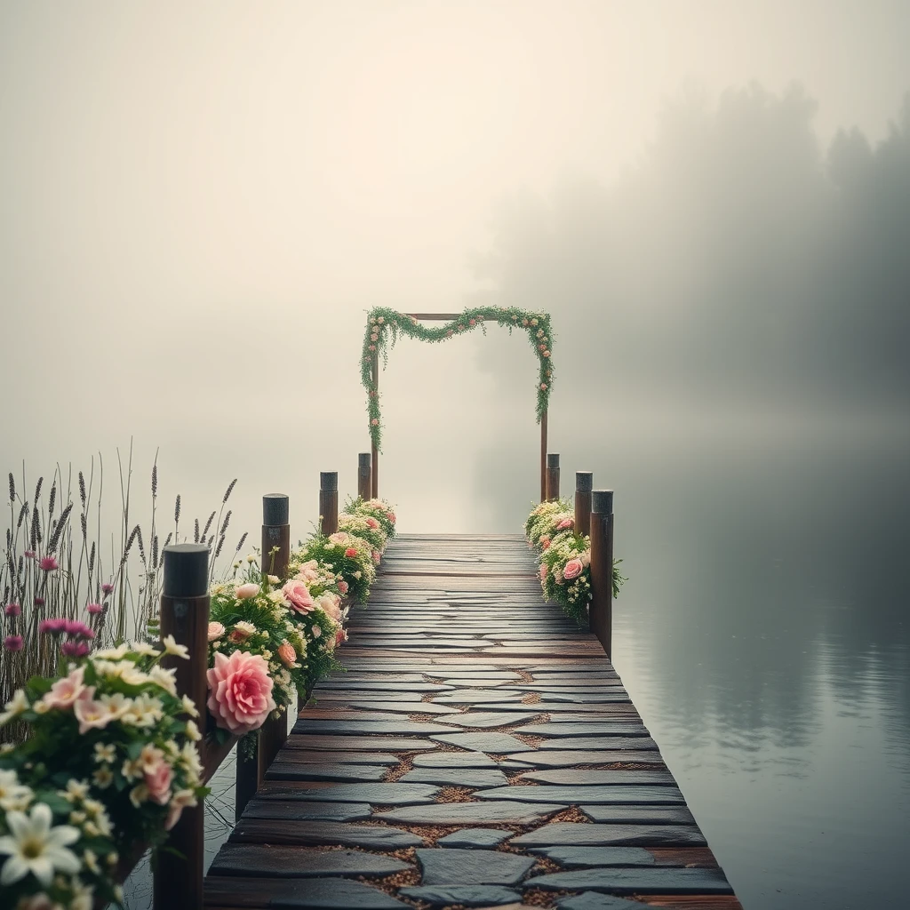 Best quality, masterpiece, extremely detailed, high depth of field, film tone, pastel colors. Set in a lakeside dock decorated with flowers, inspired by famous photography style. The scene is set during morning, with foggy weather conditions. The background also features a stone path, making the scene even more captivating and suitable for wedding photography. - Image