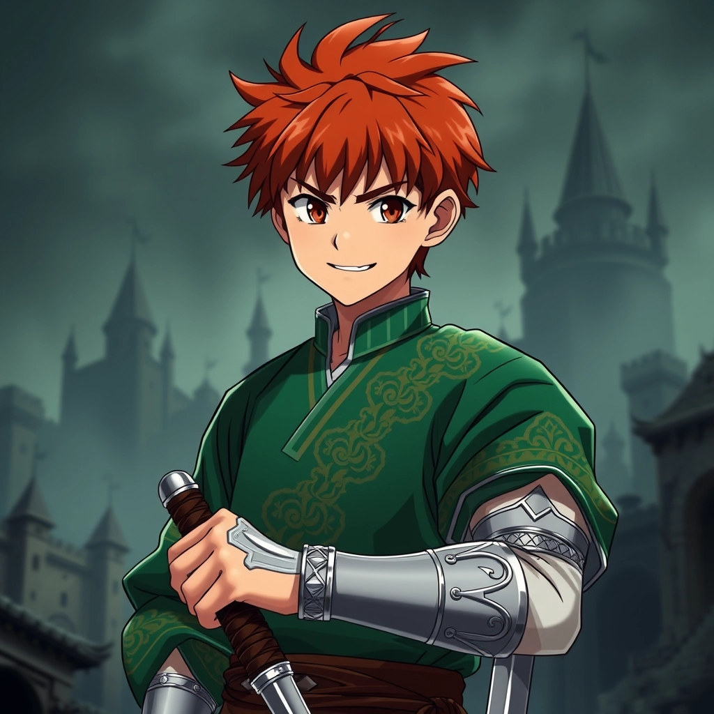 Miyazaki Hayao style, Miyazaki Hayao style, Miyazaki Hayao style, Anime, Anime, A young male warrior with very short red hair, wearing a medieval Sogdian noble emerald green pullover with mysterious patterns, small eyes, big mouth, silver wristbands in royal style, has one hand holding a sword in magic style. His expression appears deep and dark, with a smile showing teeth. The character design is in the style of anime. A medieval dark deserted castle is in the background, creating an epic scene, in the style of Craig Mullins, two thirds body, 4k, uhd, best quality, vibrant colors, accurate body structure. - Image