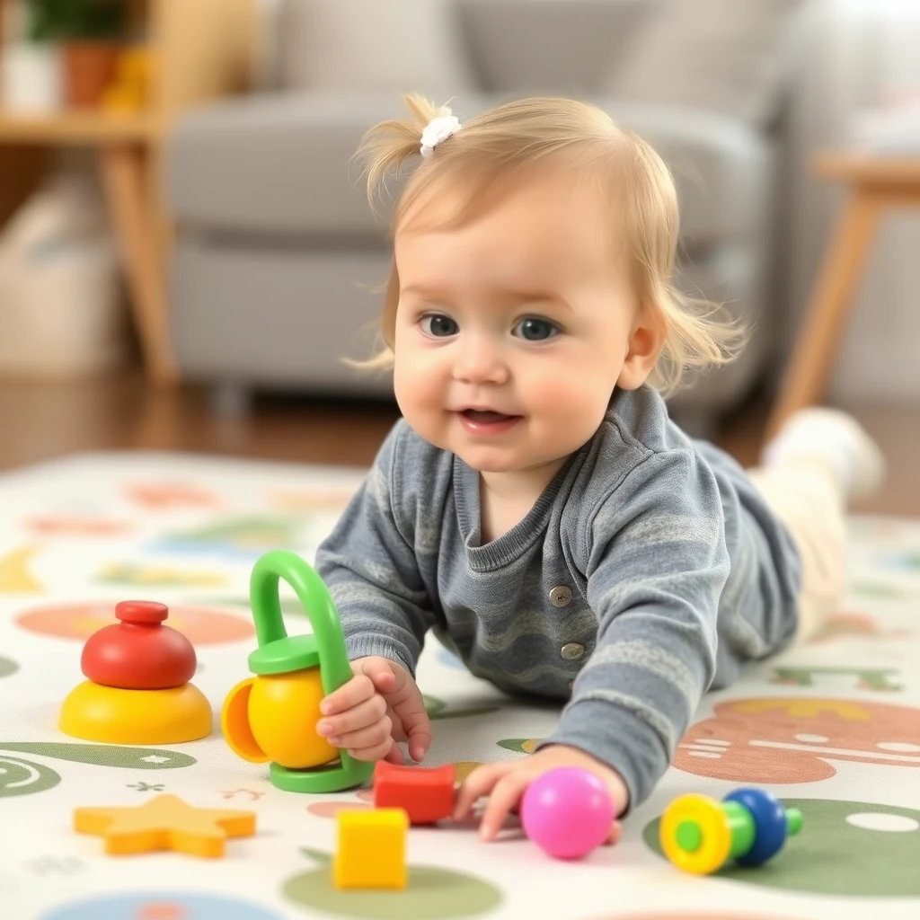 A one-year-old girl is playing with toys on a crawling mat - Image