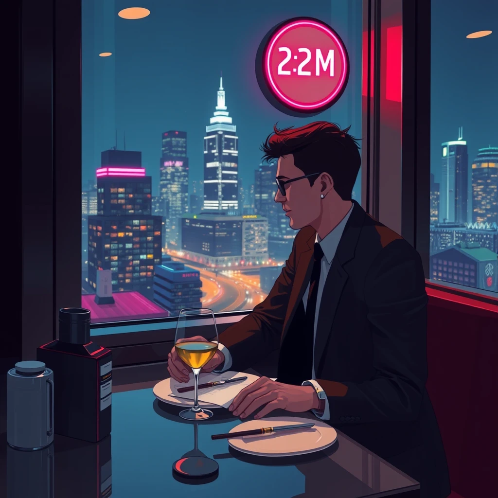 At 2 a.m., a corporate worker is dining at a window seat in a restaurant, with the city's night view outside, in a cyberpunk style. - Image