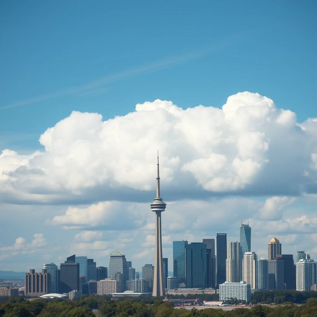 Clouds form the word $CSU above the Toronto skyline.