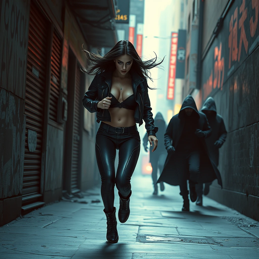 Beautiful alluring cyberpunk female running down a dark dystopian urban alleyway being chased by cyberpunk assassins in hooded cloaks.