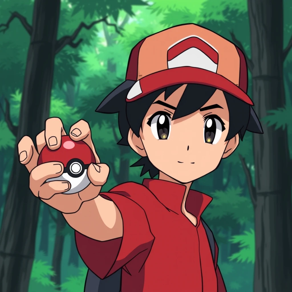 Anime art style, Pokemon trainer Red holding a Pokeball, short black hair, red and white cap, green forest background.