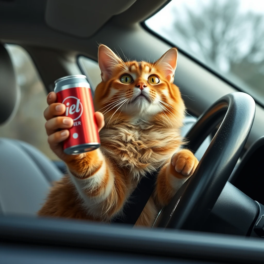 The cat is sitting behind the wheel and holding a can of beer in his hand. - Image