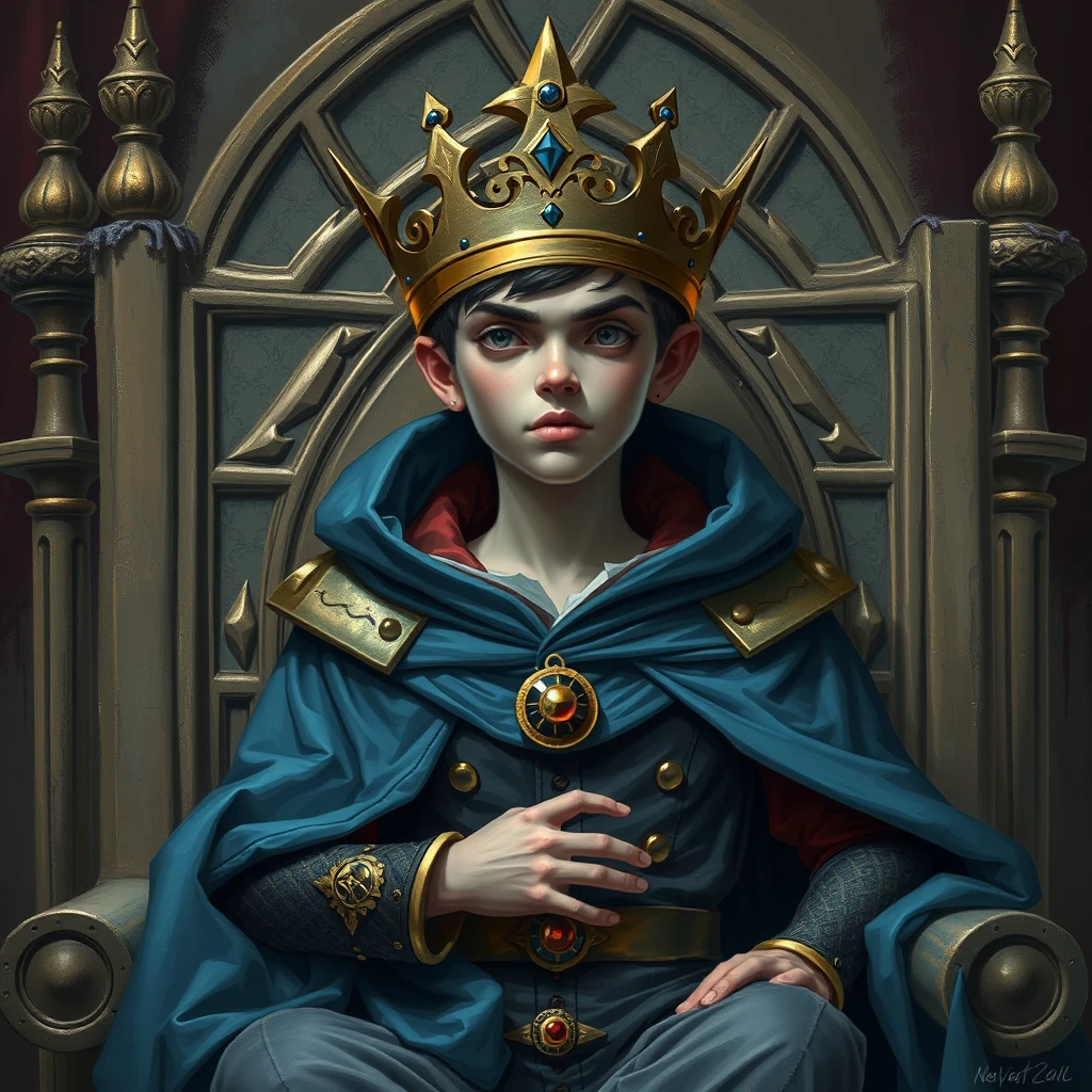 A sickly looking secretly evil young human king on a throne with a blue cape. - Image