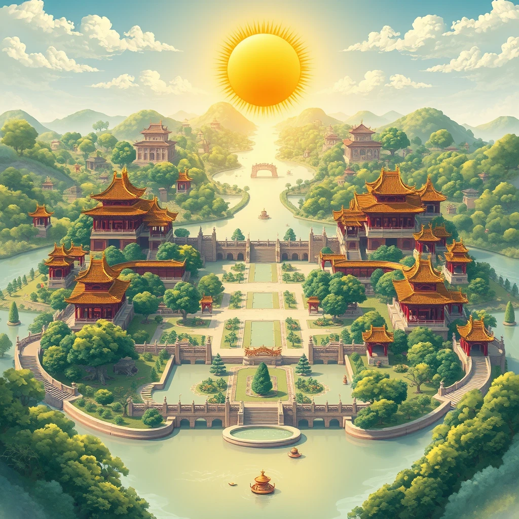  An imaginative illustration of the Yuanmingyuan, showcasing its grandeur and opulence of the past. Palaces, gardens, and exotic structures blend seamlessly into a harmonious whole, surrounded by lush greenery and tranquil waters. The sun symbolizes the golden age of Qing Dynasty, casting a serene light over the expansive and breathtaking realm. - Image