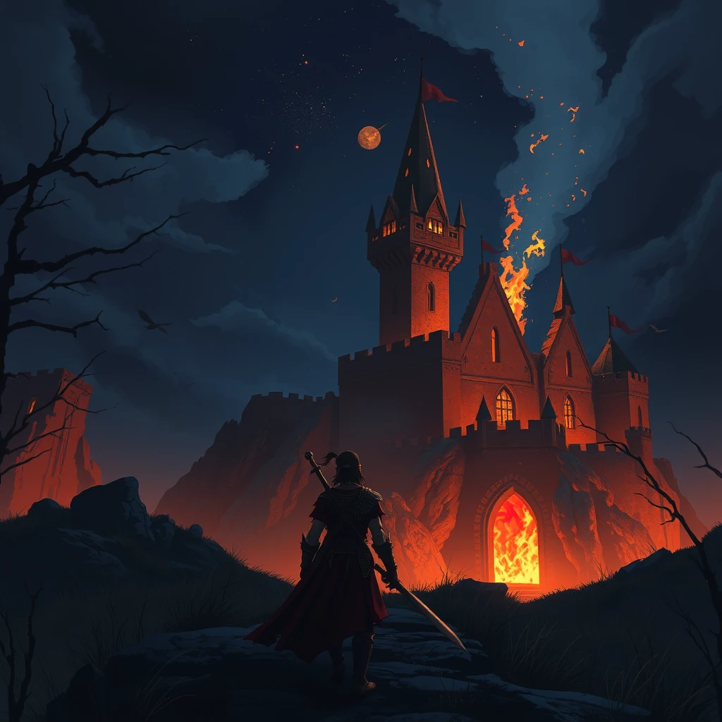 Dark fantasy animation. A warrior approaches a fire castle at night.