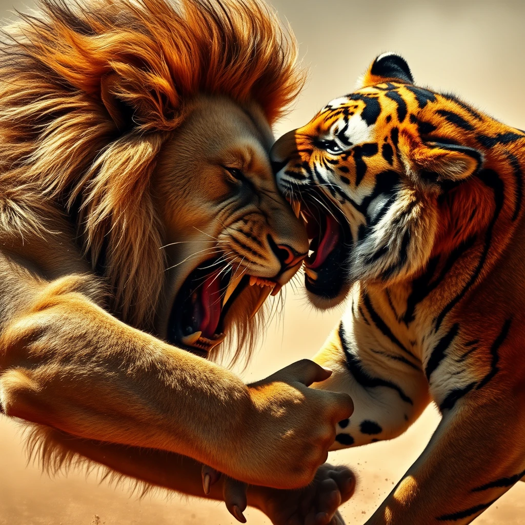 Majestic African lion, muscles rippling, clashes with a Bengal tiger in a brutal, primal struggle. Blood-stained fur glistens in harsh sunlight. Hyper-realistic details capture every whisker, claw, and expression of fierce determination. Dusty savanna backdrop, accentuating nature's raw power.