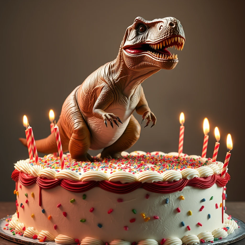 a t-rex jumping out of a giant surprise cake.