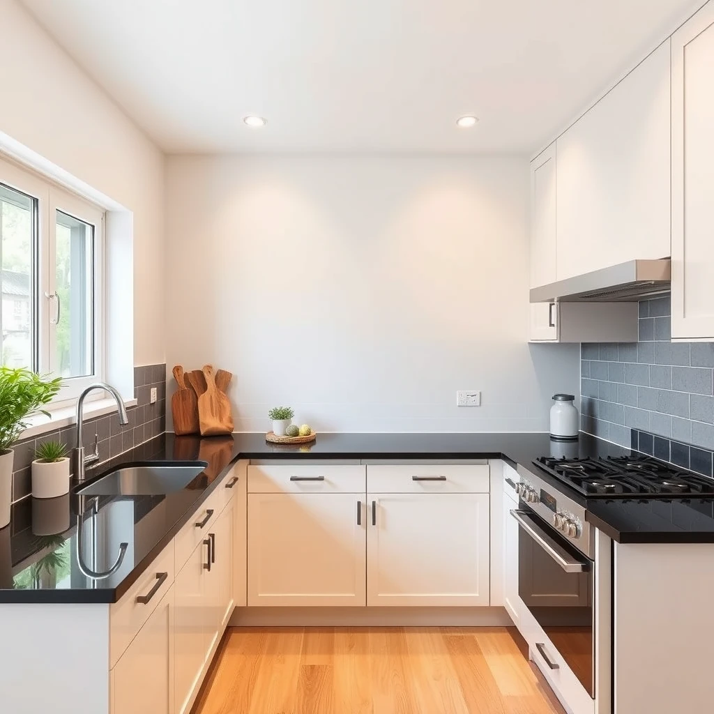 Minimalist and cheerful L-shaped kitchen platform in black granite counter, with sink in one corner, window on one wall and cooktop next to another wall, with space saving storage ideas on fresh style and colour palette, spacious enough for 3 people working together. - Image