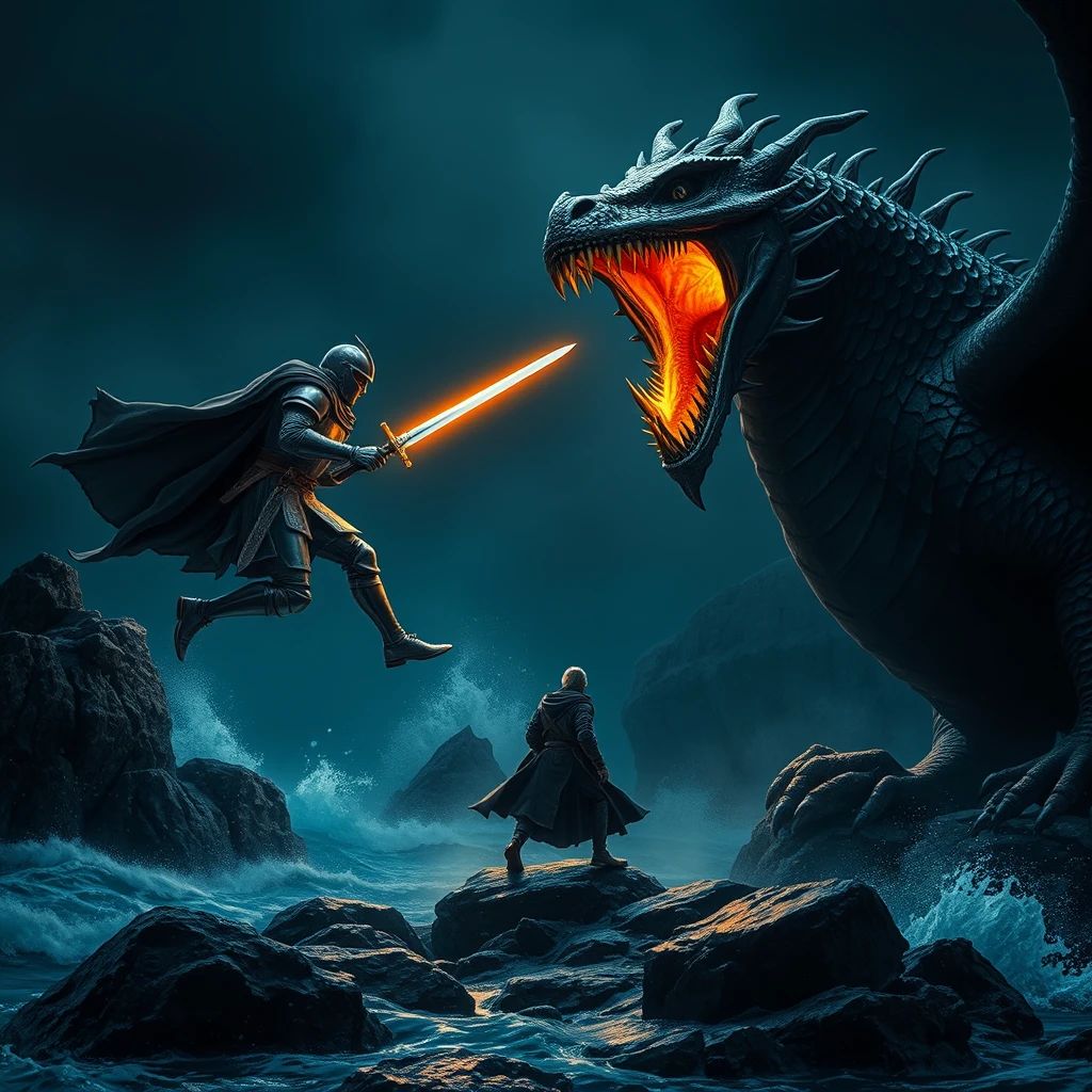 A knight in shining armor is facing a fearsome dragon. The knight is jumping towards the dragon, which opens its mouth revealing sharp teeth, ready to unleash fire. This is an epic battle, with a burning sword in hand, set in a dark fantasy world. The knight wears detailed armor, and the dragon has scales that glisten with the fiery light. Dramatic lighting creates an atmosphere where its glow barely illuminates the surroundings. The tension is palpable, with the sea crashing violently against the rocks, emphasizing the creature's immense size that dwarfs the solitary human figure. The lone knight stands bravely against the ancient, otherworldly beast. The color palette consists of dark, deep blacks and greys, creating a high contrast and an intense atmosphere.