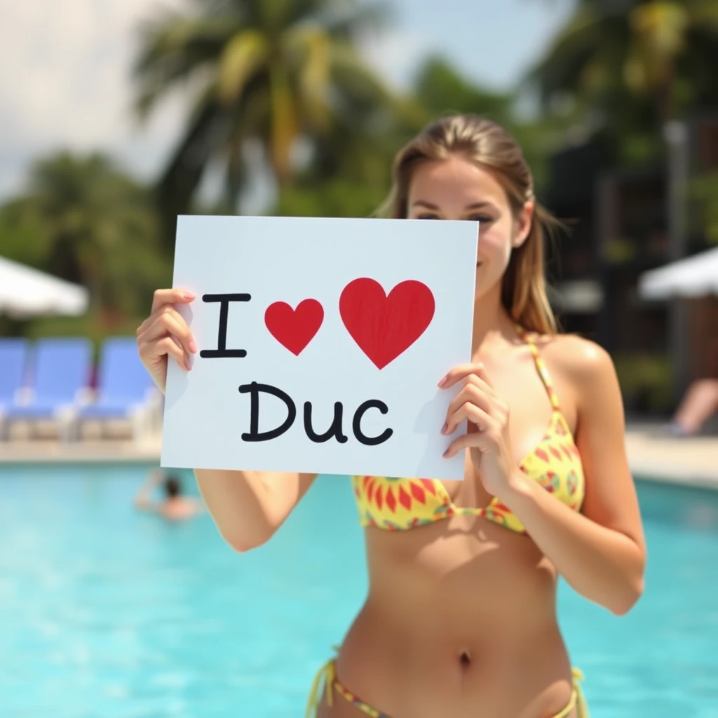 A young woman in a bikini holding a sign with the text "I love Duc."