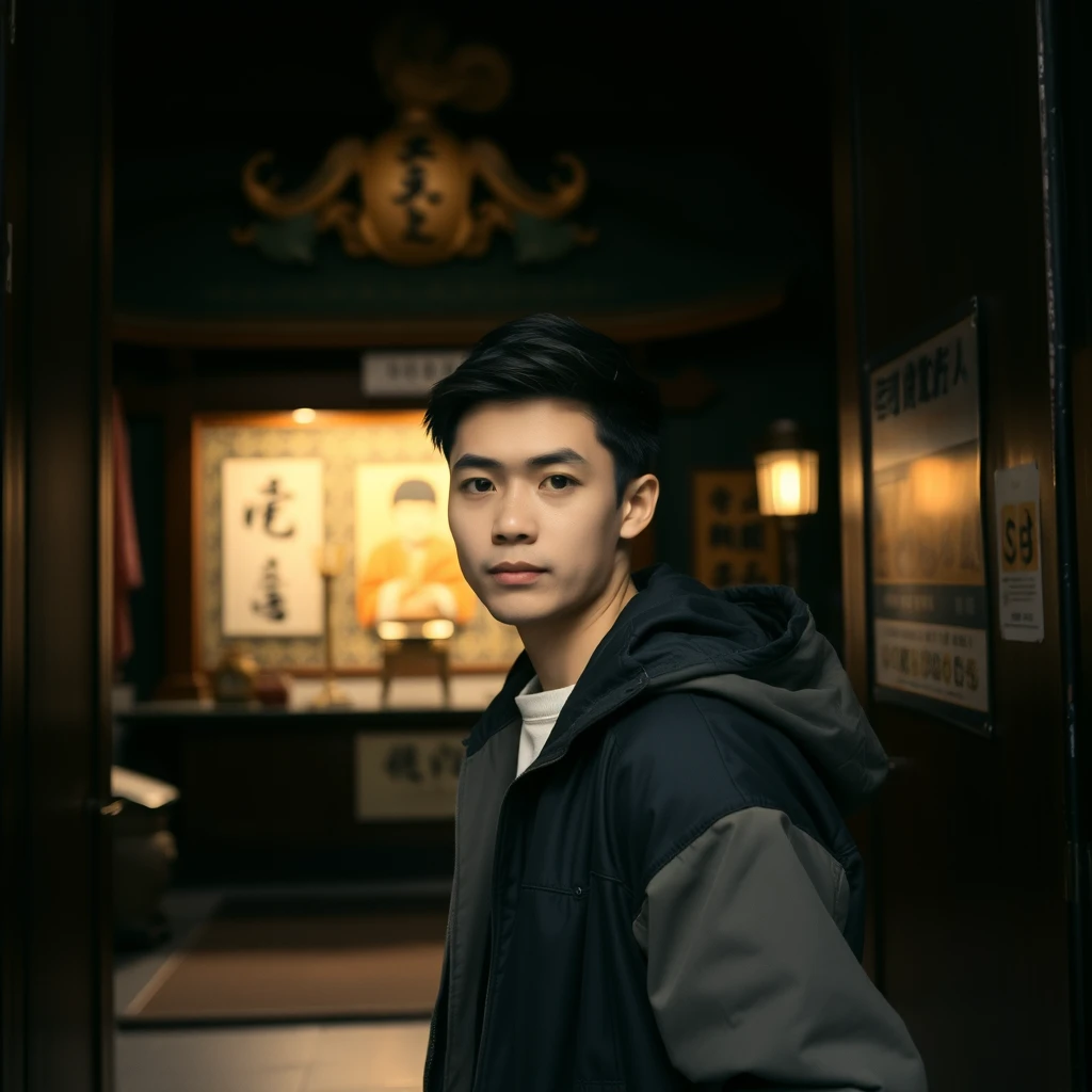 A young Asian man in a jacket stepping into a shrine, indoors, dark surroundings, curious, reality, looking at the viewer.