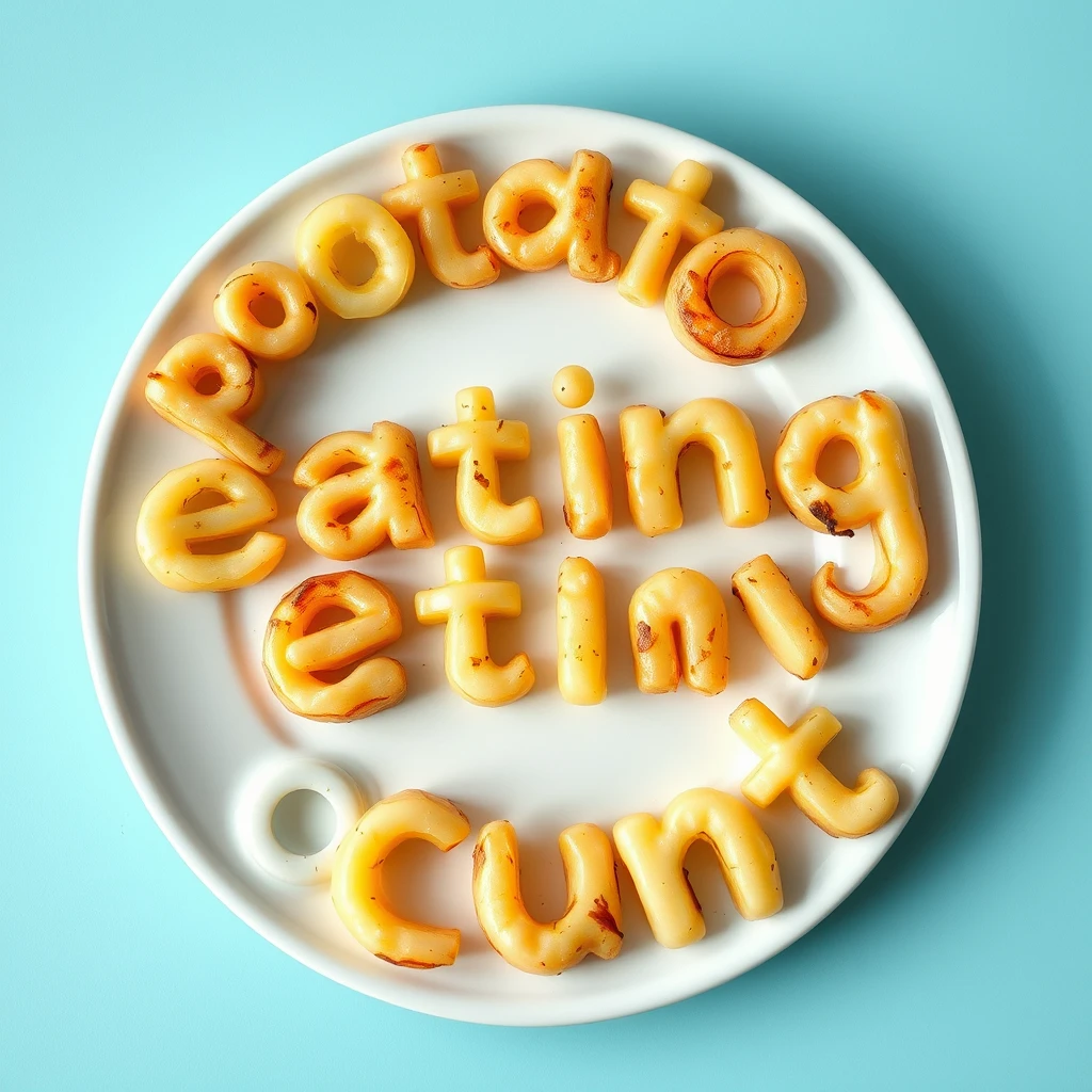 A potato letter set on a plate that spells out, ‘potato eating cunt’.