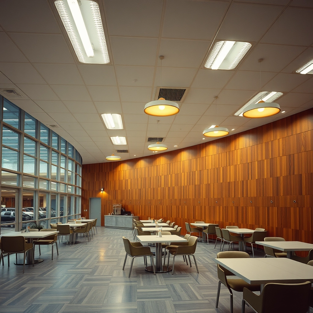 interior, company cafeteria, modern, wood panel, movie scene