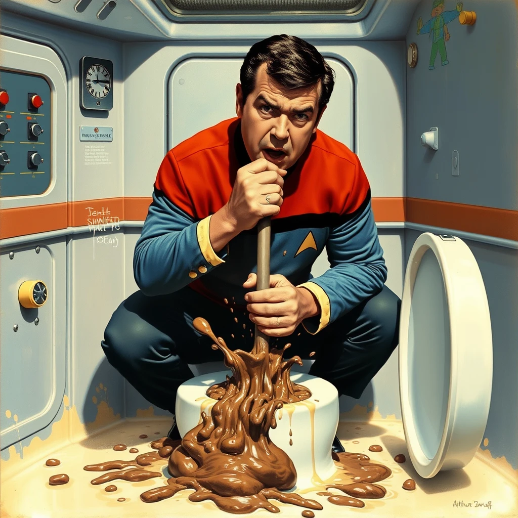 Montgomery Scott plunges a toilet on the USS Enterprise, poop is splattered everywhere, as painted by Arthur Sarnoff 1965.