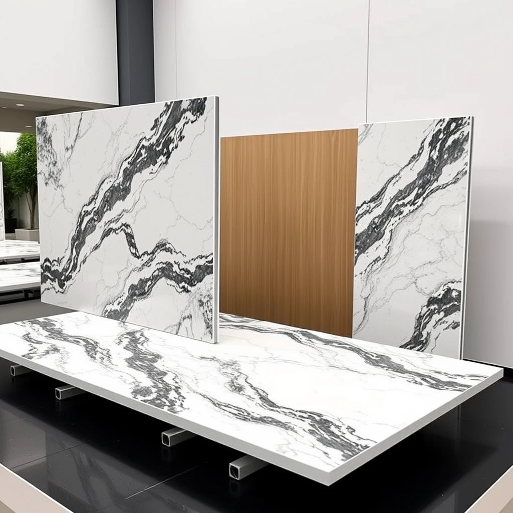 Smart, stylish automated carrier-cum-display system that holds 2 large 4 meter sized, polished marble panels such that one horizontal panel and one vertical marble panel, together form a large L-shaped configuration, in the pattern matching orientation, in a professional yet cheerful setting.