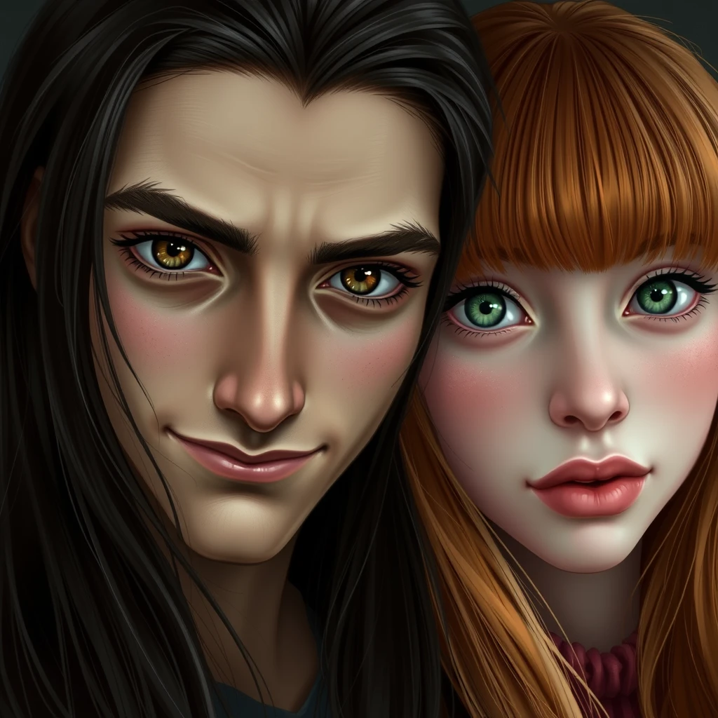 Realistic style, young handsome skinny guy, long dark brown hair parted in the middle, sharp facial features, smirk, pale skin, light brown eyes, thick eyebrows, long eyelashes next to a cute white ginger girl, small nose, pink lips, green eyes, long bangs.