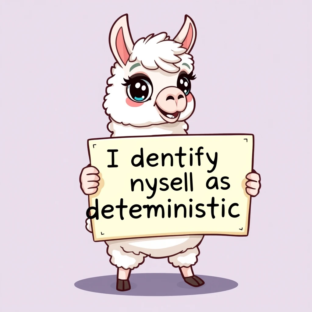 Cartoon llama holding a placard that says "I identify myself as deterministic", digital art style, vibrant colors, humorous expression, white fluffy llama with big eyes, placard held by hooves, clean lines, playful design, against a simple background.