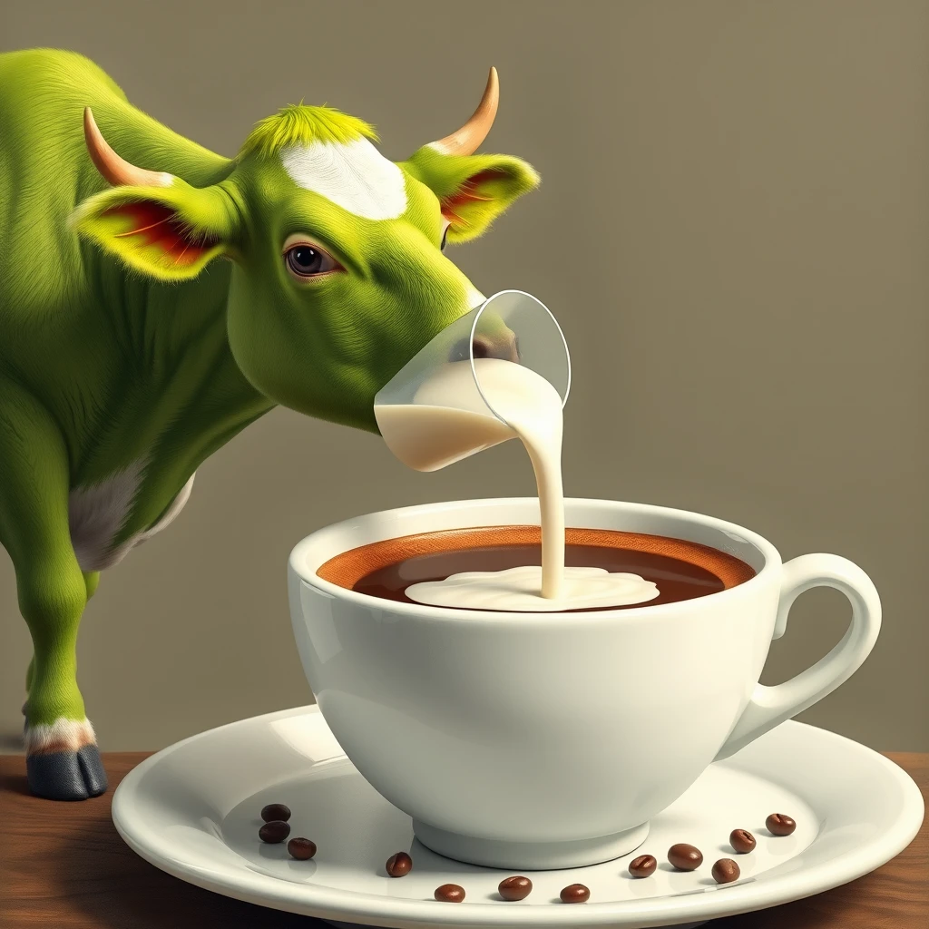 a green cow, pouring milk from a pitcher into a giant coffee cup