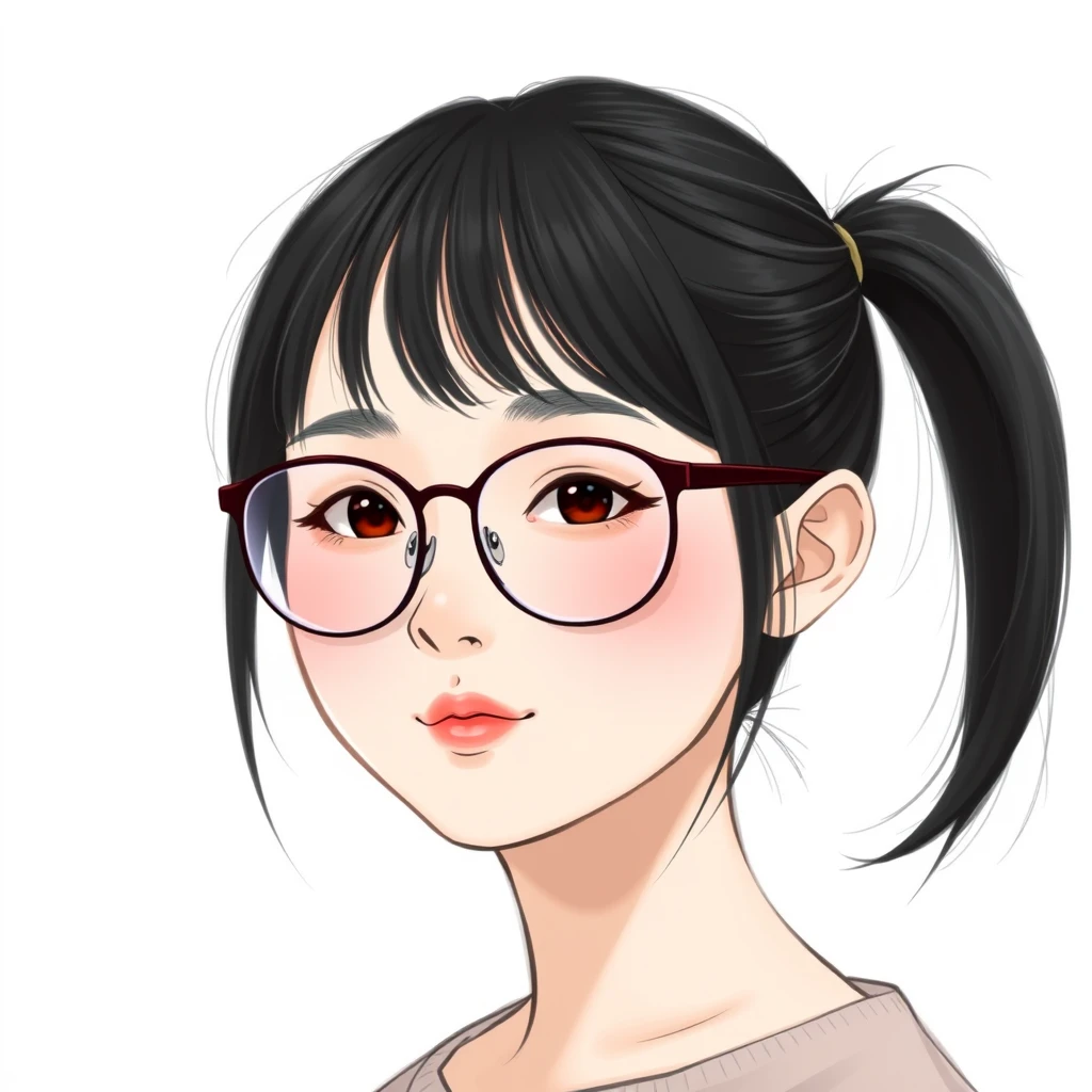 Asian girl, black hair, round face, thick-framed glasses, single ponytail. - Image