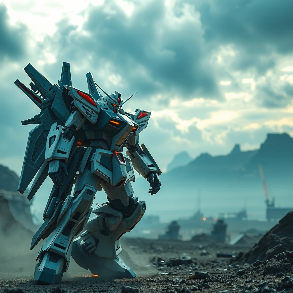 hype realistic gundam mech standing in a dystopia battlefield