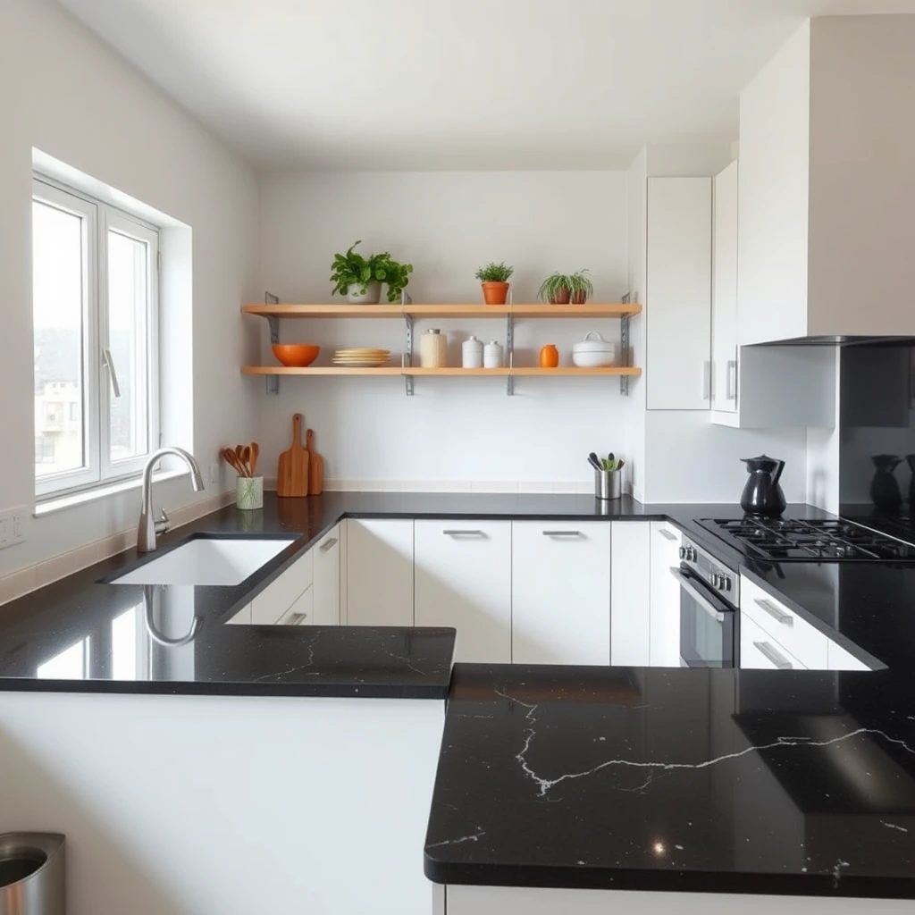 Minimalist and cheerful L-shaped kitchen platform in black granite counter, with sink in one corner, window on one wall and cooktop next to another wall, with space-saving storage ideas in a fresh style and color palette, spacious enough for 3 people working together. - Image