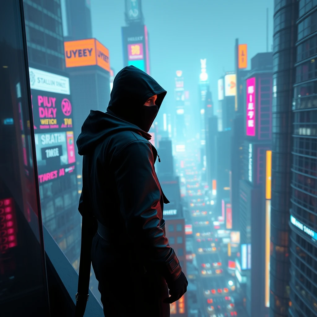 A mysterious guy wearing a black ninja-like suit in a neon city, from a high building looking at a city full of colorful lights, cinematic, 3D.