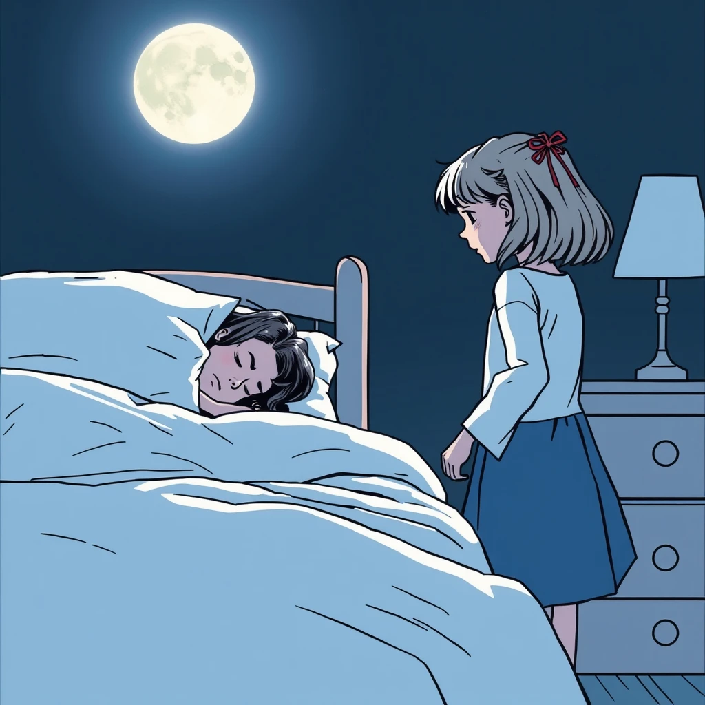 Side view of the bed where a woman is sleeping while her daughter, standing nearby, is opening a drawer; dark night, moonlight atmosphere, comic line art, close-up of the side view of the girl.