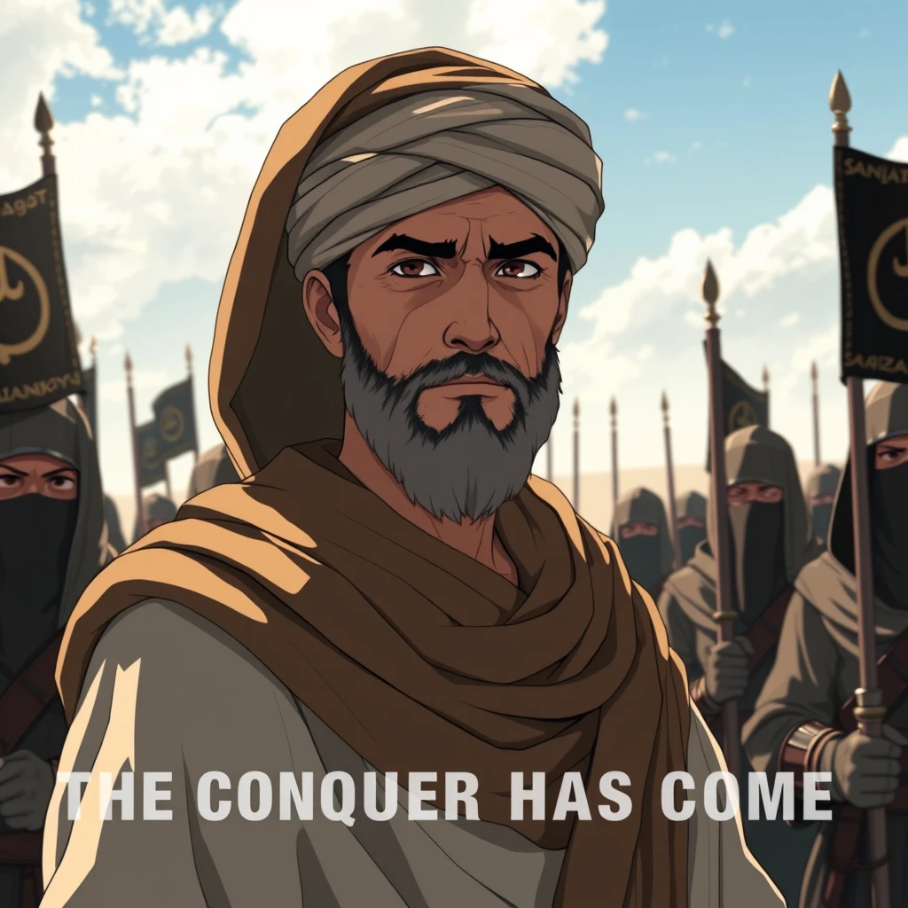 Full-view anime portrait of a Muslim commander wearing modest cloak and turban with scarf hood, standing behind great Muslim warriors with a leadership expression. The medieval Muslim warriors are covered in veils, holding black Shahada banners, and guarding him in open land. The theme of the movie is "The Conquest of Jerusalem Has Come," powerful, with movie GFX, alpha, acrylic paint shader, and dynamic illustration.