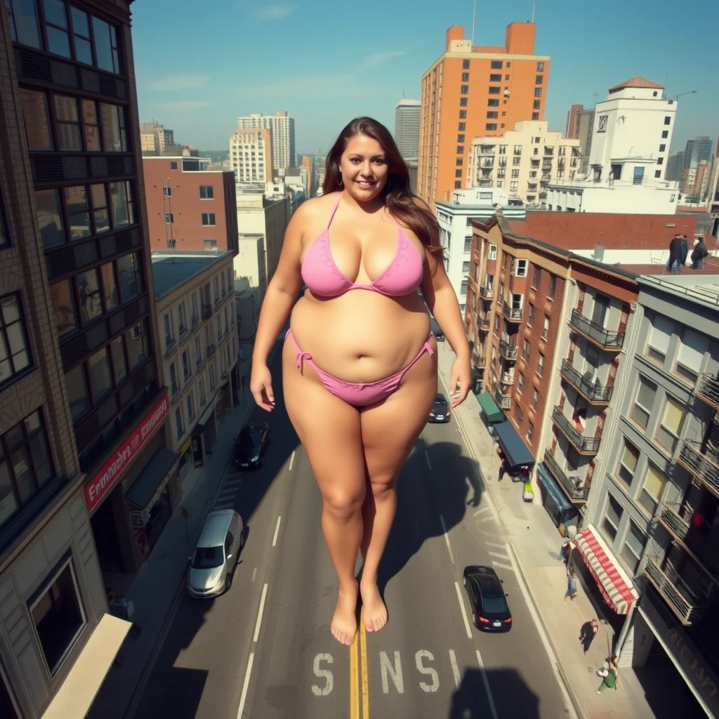 Aerial view of the city, 50-meter tall attractive chubby giant woman in a bikini standing barefoot in the city street among buildings, realistic shadow.