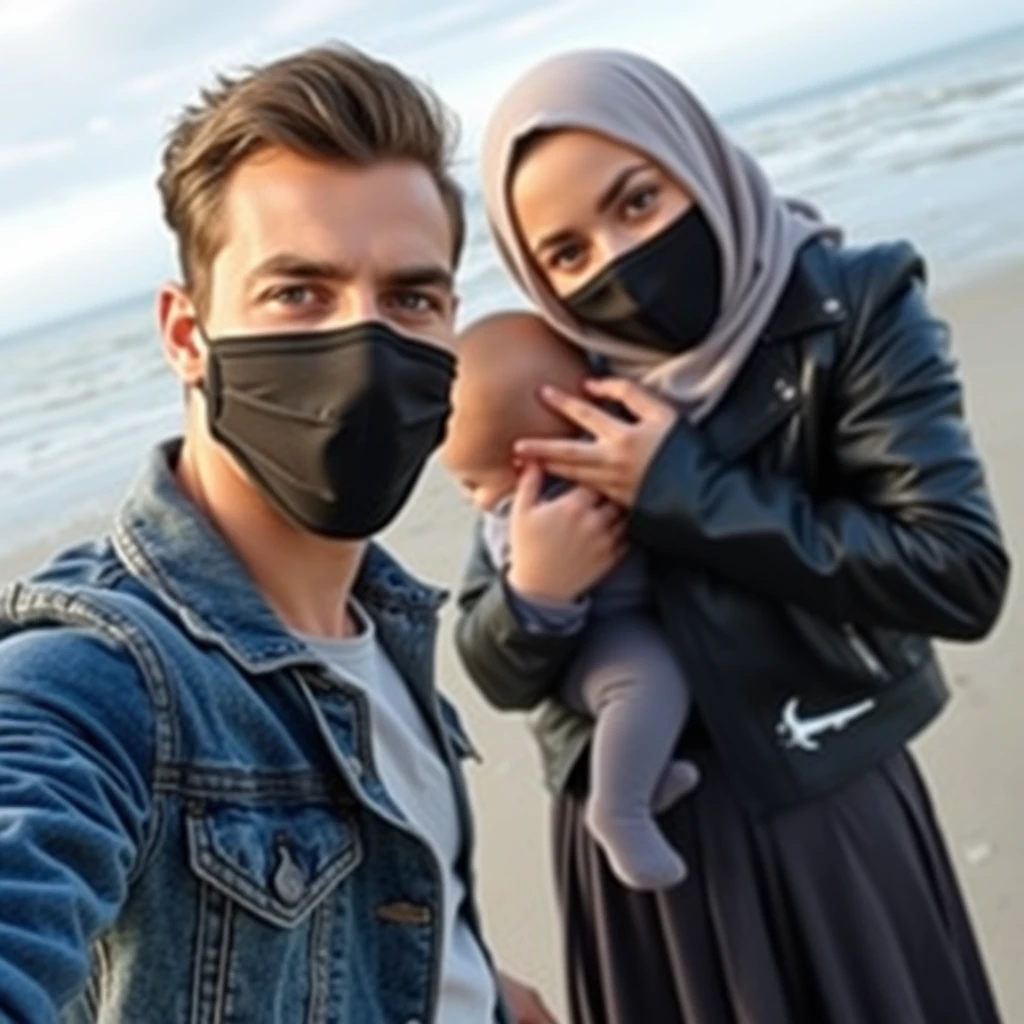 Jamie Dornan's head and body shot, handsome, black face mask, jeans jacket, jeans, dating, love couple with the biggest grey hijab Muslim girl, beautiful eyes, black face mask, black leather jacket, largest skirt, at the beach, holding a baby, hyper-realistic, street photography, selfie. - Image