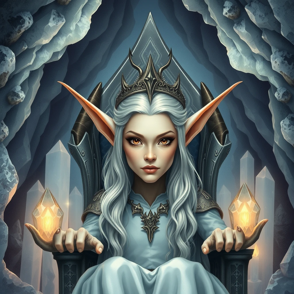 A crystal cave with an Elven Queen on a throne, pointy ears, (masterpiece), best quality, expressive eyes, perfect face. - Image