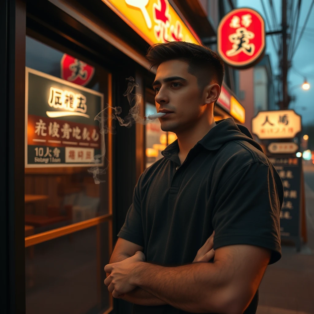 In the evening, a young, strong man is smoking outside a restaurant. He looks melancholic, and you can see his shoes. There is a sign outside the restaurant, and the words on the sign can be clearly seen, which include Chinese characters or Japanese. - Image