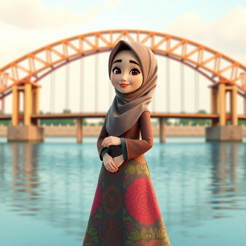 A 3D cartoon animation of a Muslim woman from Palembang, Indonesia, wearing a traditional long songket dress. She stands gracefully in front of the iconic Ampera Bridge, which arches beautifully in the background. The scene is rendered in stunning 8k resolution, capturing the vibrant colors and intricate details of the songket fabric. The woman's expression is serene and peaceful, with a gentle smile. The overall atmosphere is warm and welcoming, showcasing the cultural beauty and elegance of Palembang. - Image