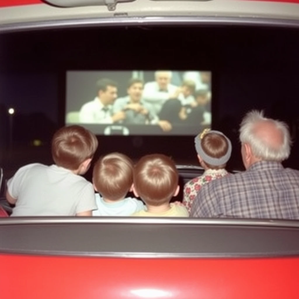 Picture of kids watching a movie with grandparents at an outdoor drive-in movie theater in the 1960s. - Image