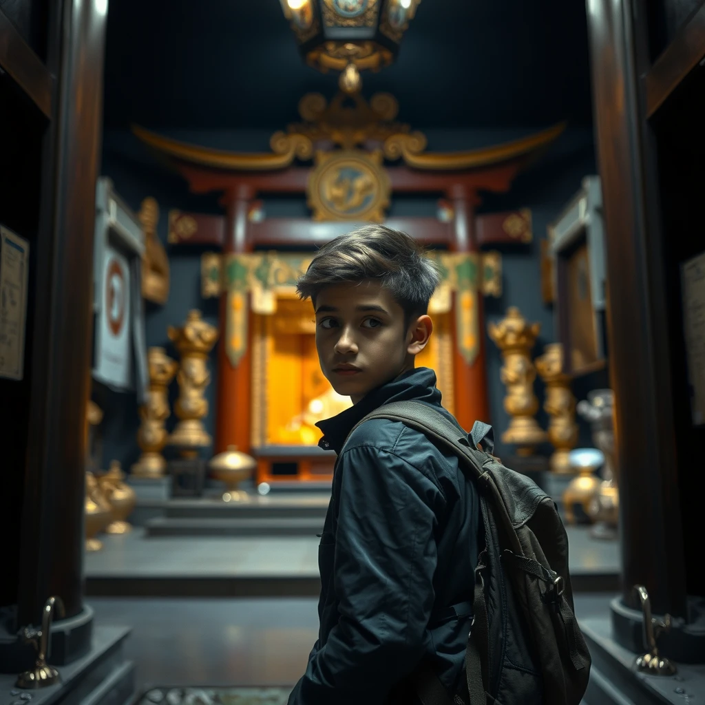 A young man with a backpack and jacket stepping into a shrine, indoors, dark surroundings, curious, reality, looking at the viewer.