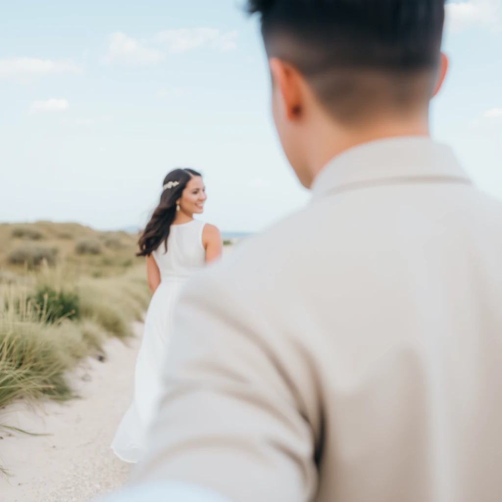 A serene, blissful scene of a young woman in a white dress, from the point of view of her boyfriend.