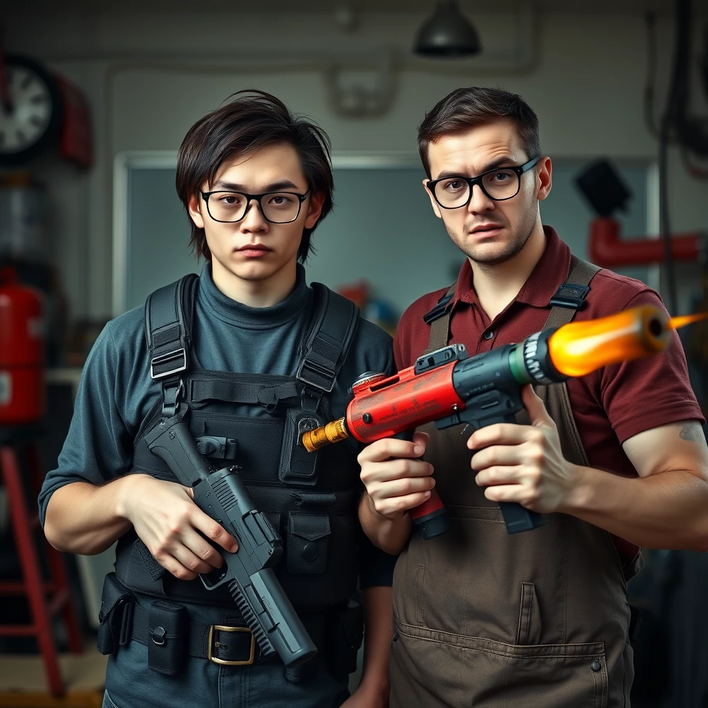 A 21-year-old thin, long-faced white adult Northern Chinese man with a square chin, wearing square glasses, holding a pistol, "medium/long length hair," and a tactical chest rig; and a 21-year-old Caucasian Italian man wearing round glasses and short hair, holding a very large fire extinguisher flamethrower, wearing a welding apron; in a garage setting; both looking angry. - Image