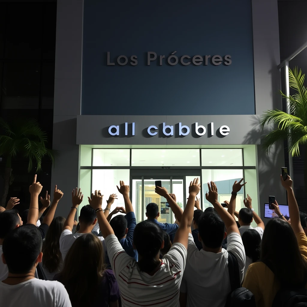 People are celebrating in front of a call center office in Guatemala, located on Los Próceres Boulevard in HD, where no faces can be seen because everyone is facing the office.