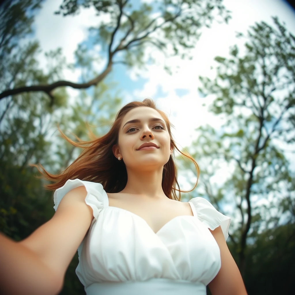 A serene, blissful POV scene of a young woman in a white dress.