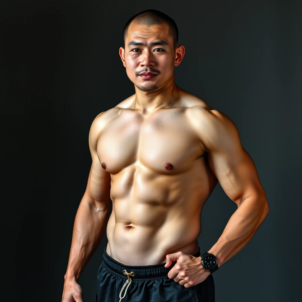 A full body portrait of a muscular (beefy:1.4) Asian male, buzz cut, 32k UHD, real. - Image