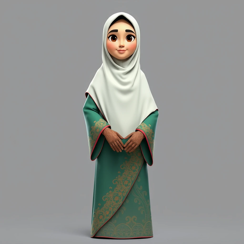 A 3D, 8k animated cartoon depiction of a Muslim woman from Palembang, wearing a traditional long songket and a long gown (gamis). She is adorned with a hijab that covers her chest and wears batik gloves covering her hands.