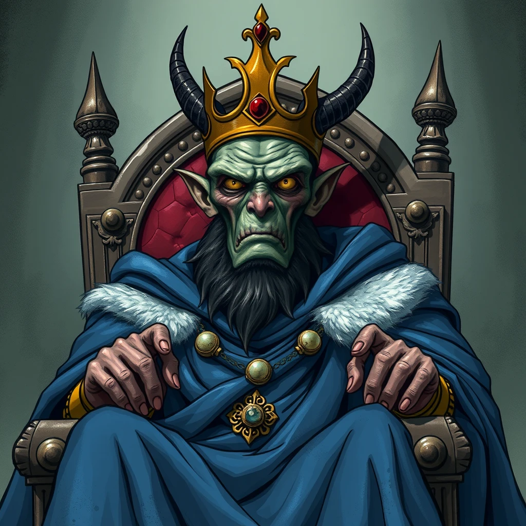 A sickly looking evil king on a throne with a blue cape. - Image