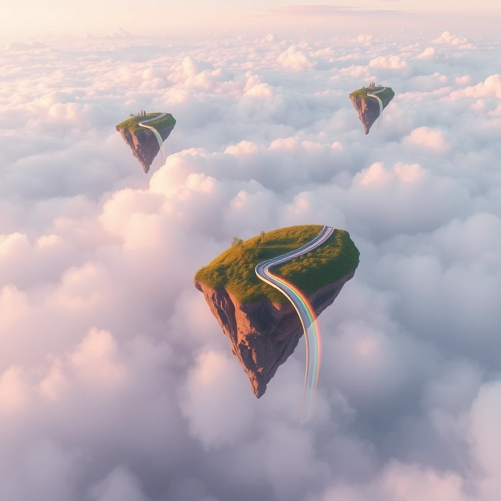 Surreal floating islands in a pastel sky, connected by rainbow bridges.