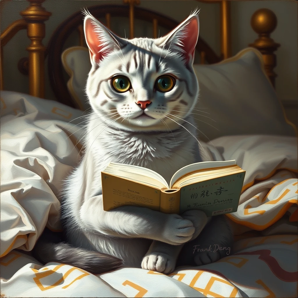 Painting Style: Professional oil painting, rich in texture and detail, reminiscent of classical portraiture but with a modern twist.  
Subject: A silver-colored cat, rendered in a Japanese anime style with large, expressive eyes and sleek, stylized fur. The cat has an aloof and sophisticated expression. It is sitting upright on a bed with a book held open in its paws, seemingly engrossed in reading.  
Setting: The bed is depicted with soft, rumpled bedding and perhaps a decorative headboard. The overall lighting suggests a cozy and intimate bedroom setting, bathed in warm, natural light.  
Details: Pay attention to the texture of the cat's fur, the delicate details of its face, and the intricate folds of the bed linens. Capture the reflective quality of the light on the silver fur. The book the cat is reading should have a visible title and perhaps some illustrations.  
Signature: Discreetly place the signature "Frank Deng" in the lower right corner of the painting, as if it were the artist's signature on a traditional oil painting.  
Overall Impression: The painting should evoke a sense of quiet contemplation and capture the unique charm of the anime-inspired cat in a realistic and painterly style.