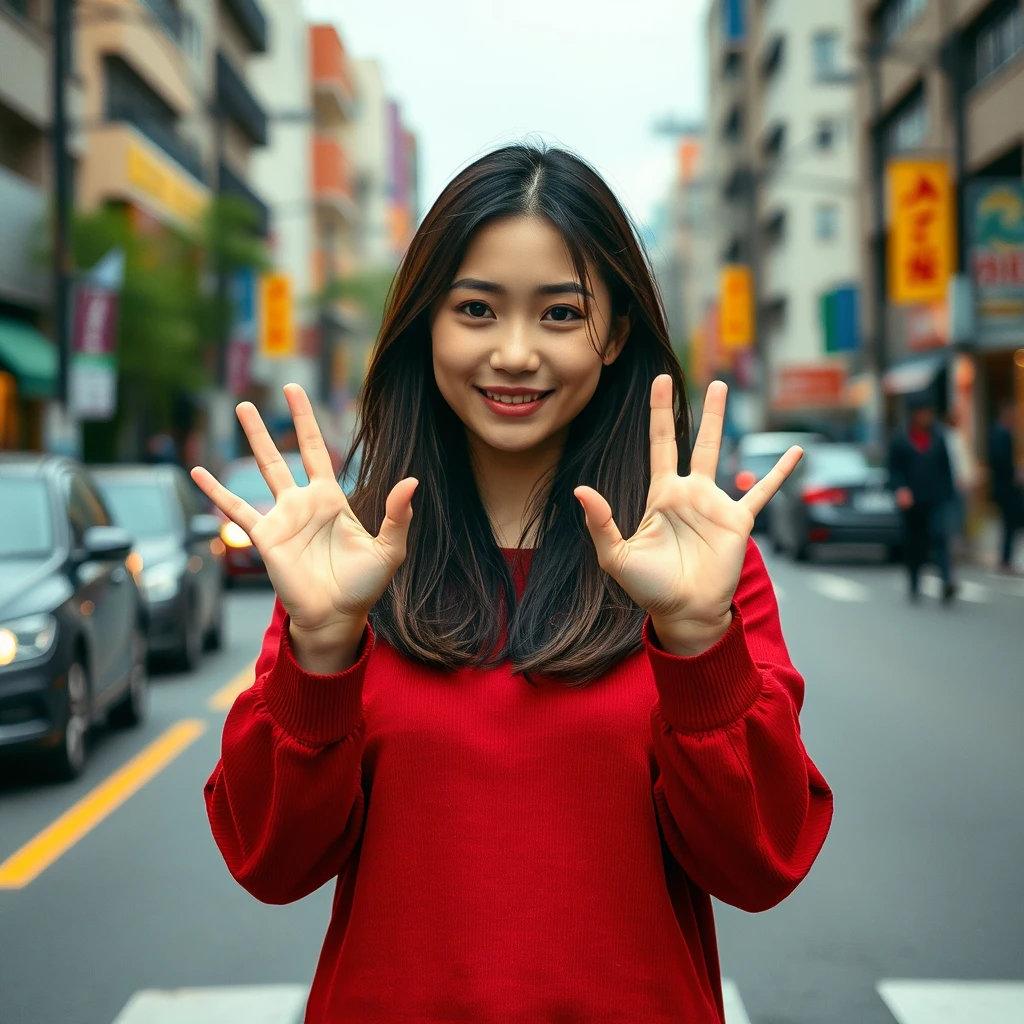 Asian woman holding hands out in the middle of the street.