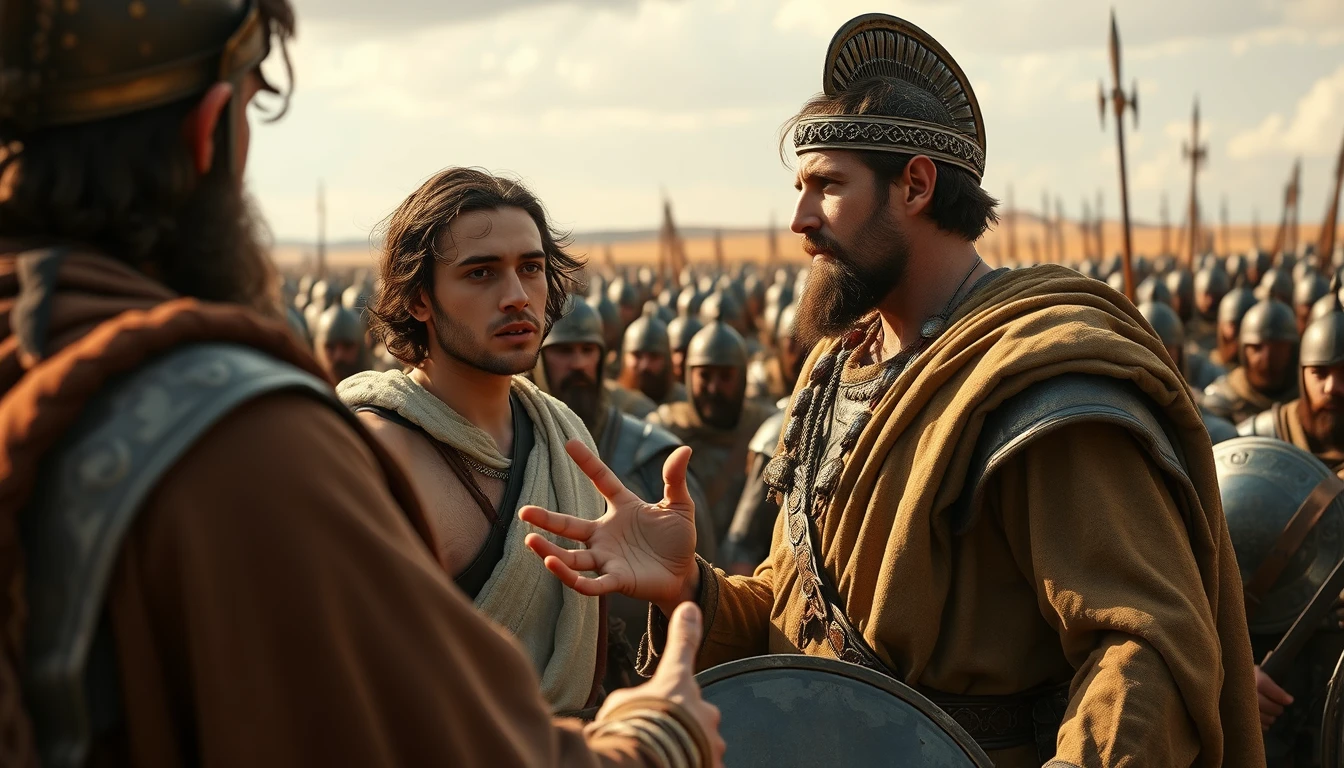 A dark-haired young-looking Jewish shepherd arguing with a middle-aged Israelite king to fight against the enemy's army. The young shepherd is gesturing animatedly in his argument. The king is wearing bronze-age soldier garb. Around the two men, in the foreground, gather the Israelite soldiers. In the background, on the distant horizon, stands the Philistine army.